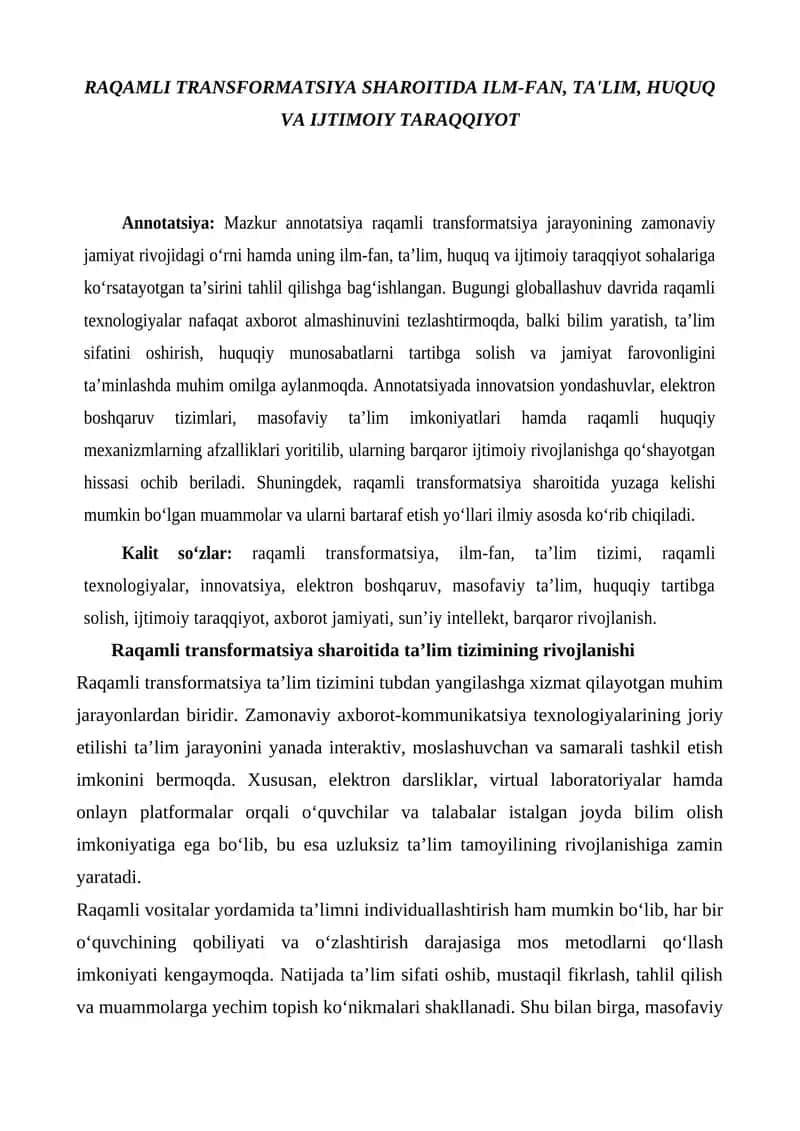 RAQAMLI TRANSFORMATSIYA SHAROITIDA ILM-FAN, TA'LIM, HUQUQ VA IJTIMOIY TARAQQIYOT 1