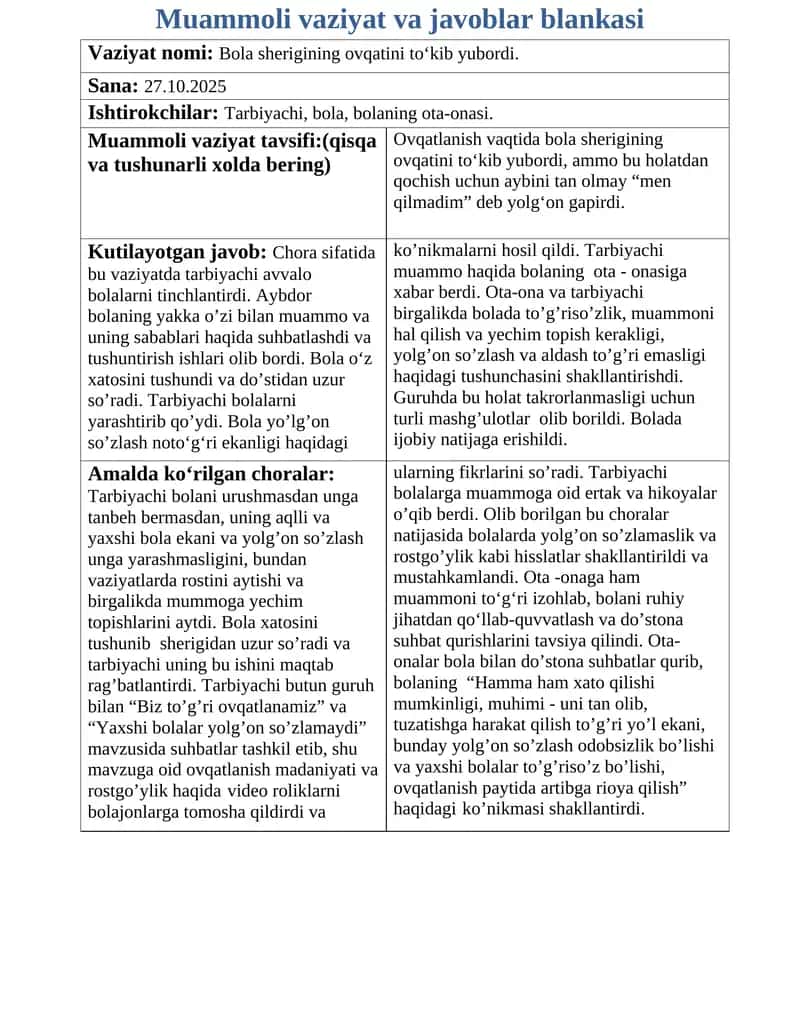Muammoli vaziyat va javoblar blankasi 1