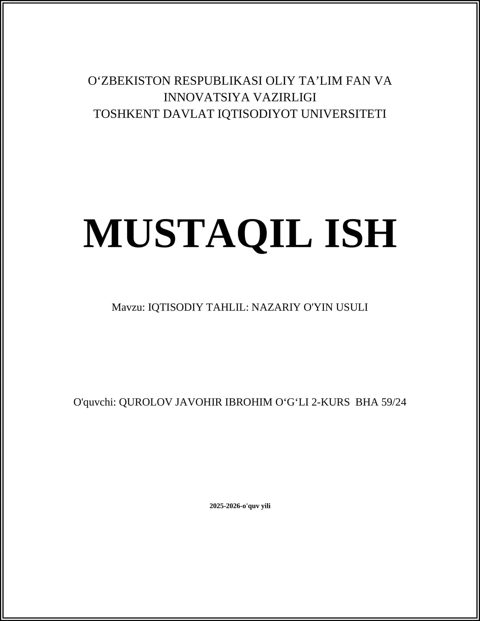 IQTISODIY TAHLIL: NAZARIY O'YIN USULI 1