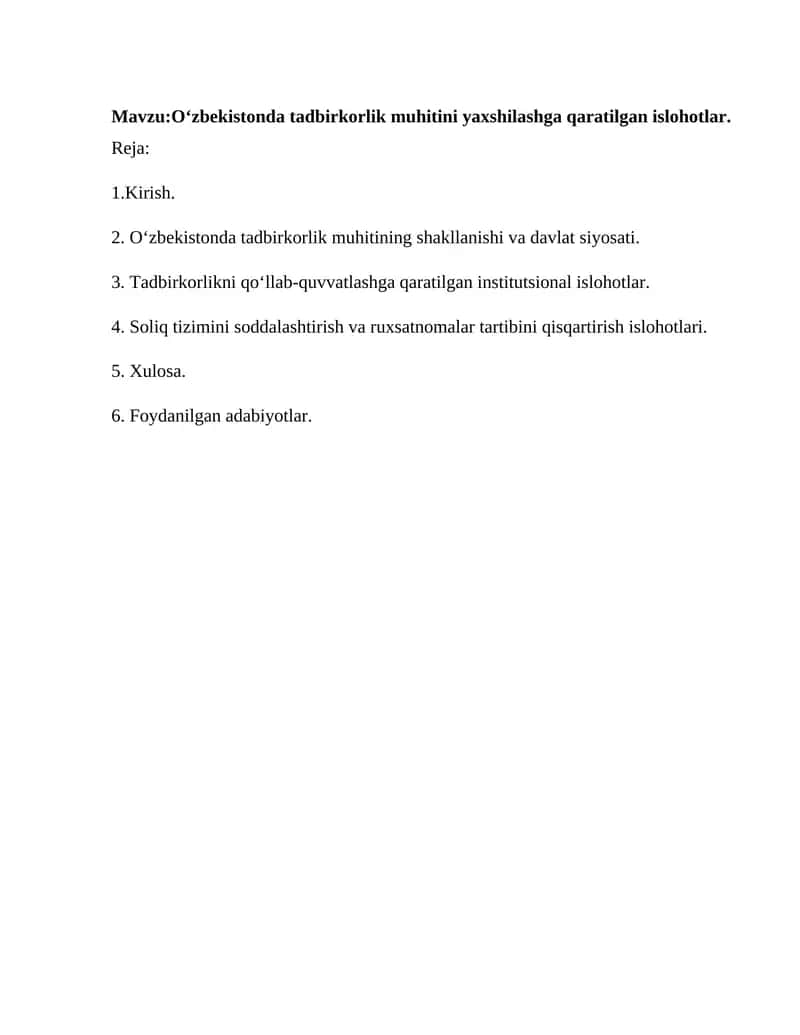 Oʻzbekistonda tadbirkorlik muhitini yaxshilashga qaratilgan islohotlar 1