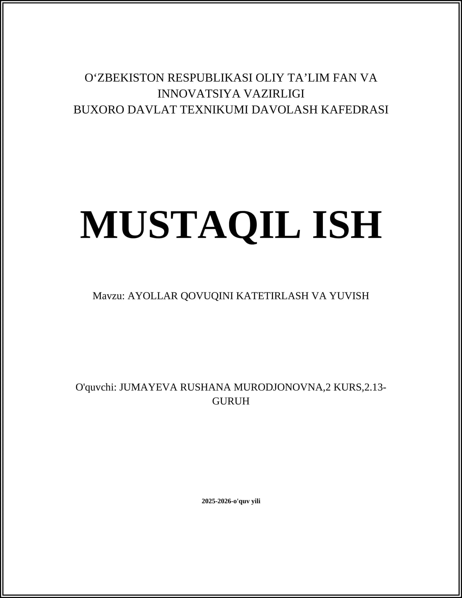 AYOLLAR QOVUQINI KATETIRLASH VA YUVISH 1