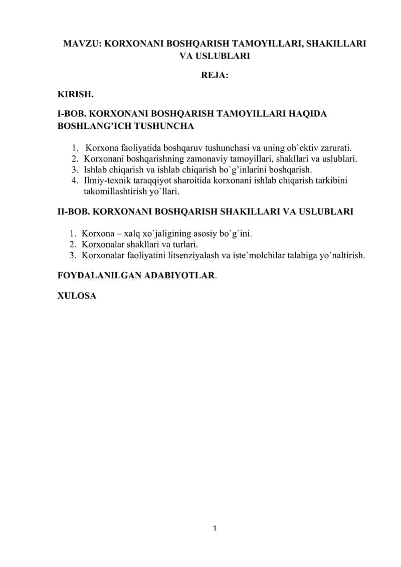 Korxonani boshqarish tamoyillari, shakillari va uslublari 1