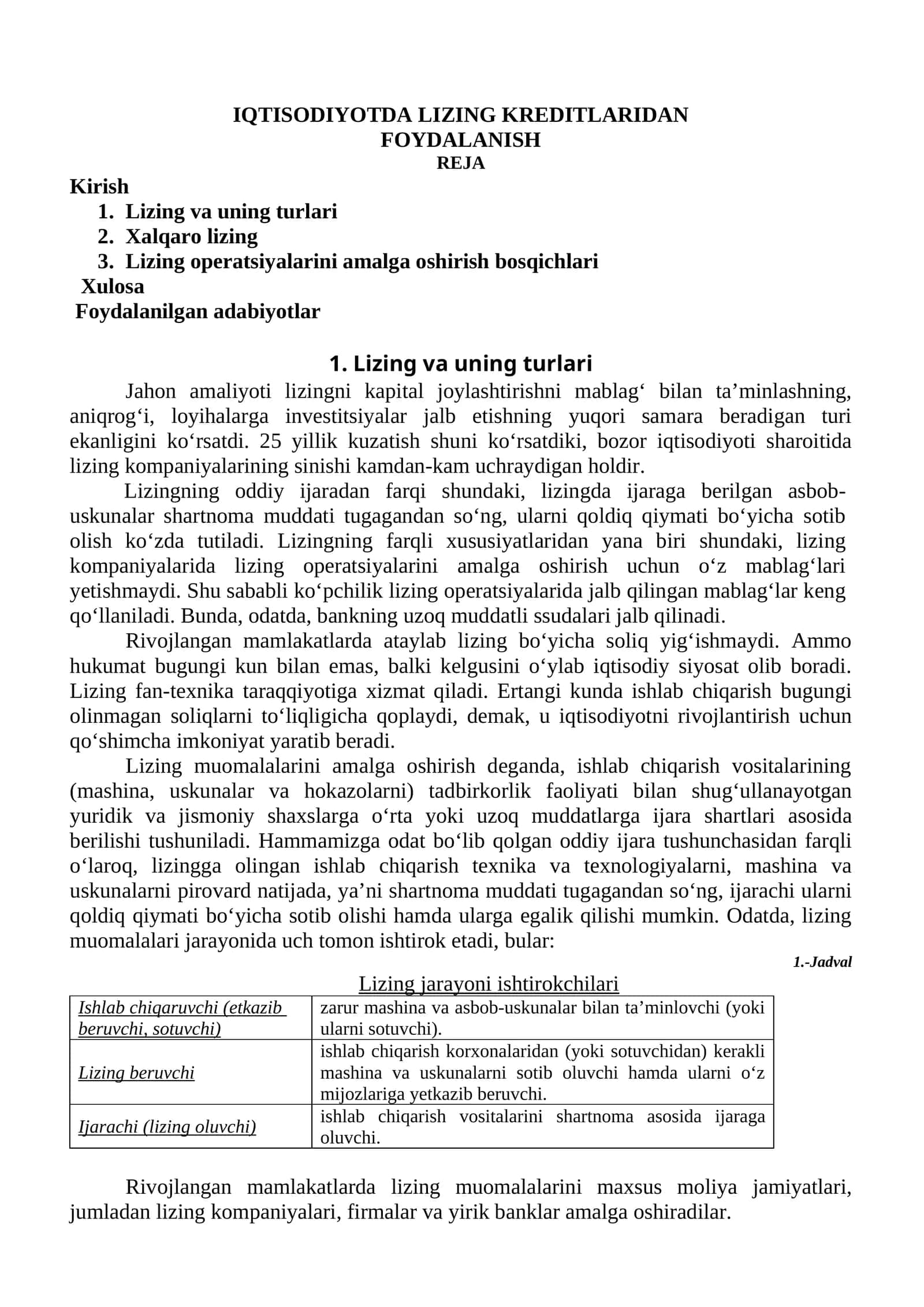 IQTISODIYOTDA LIZING KREDITLARIDAN FOYDALANISH 1