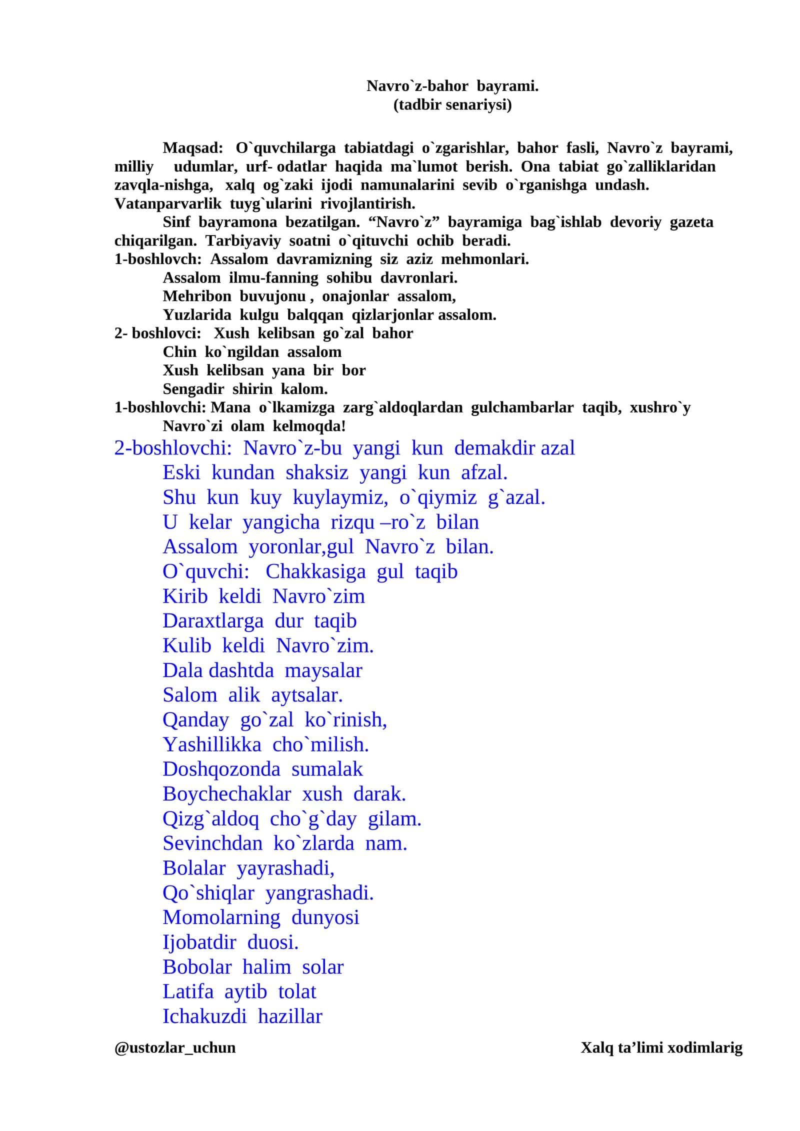 Navro`z-bahor bayrami. (tadbir senariysi) 1