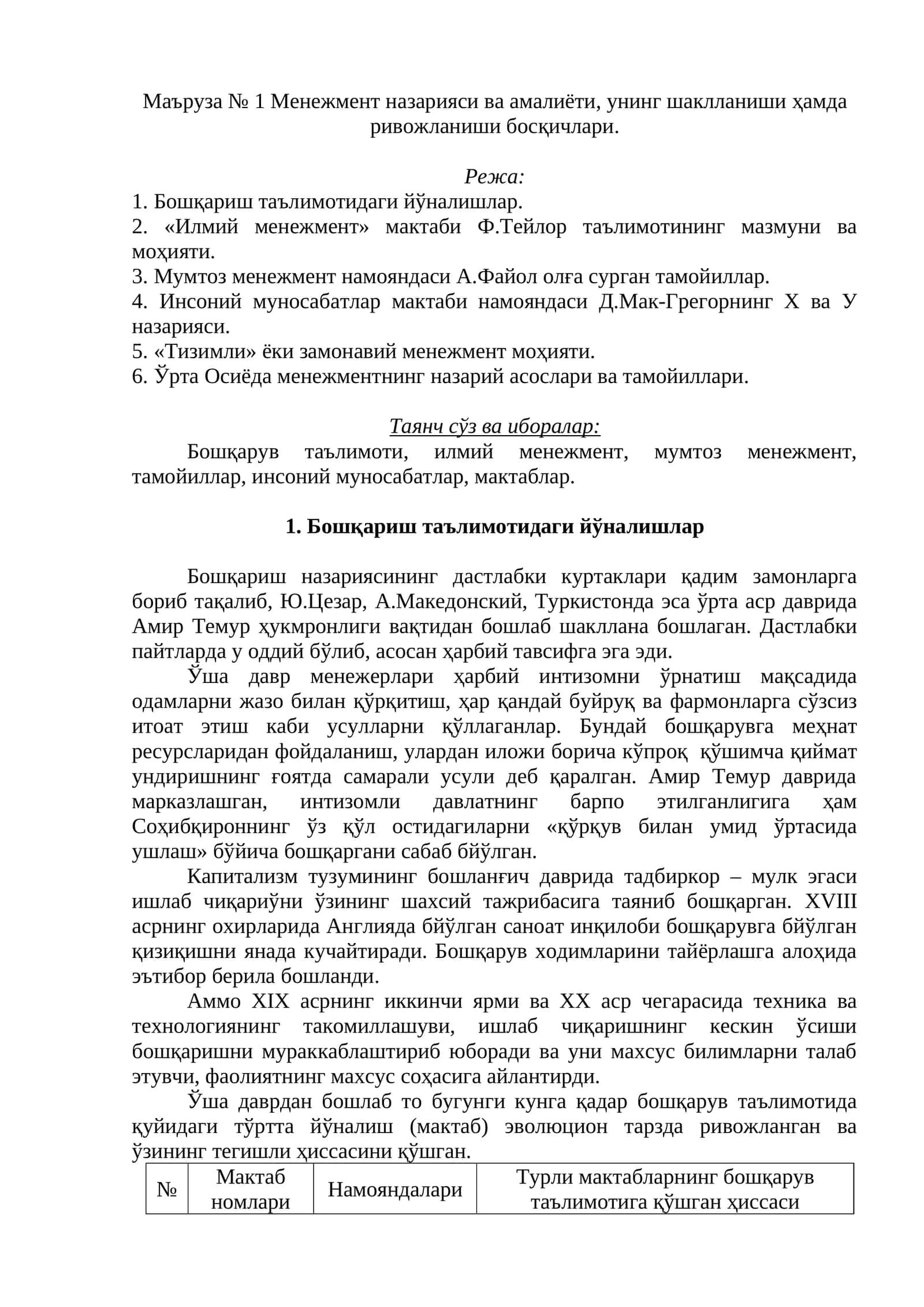 Маъруза № 1 Менежмент назарияси ва амалиёти, унинг шаклланиши ҳамда ривожланиши босқичлари 1
