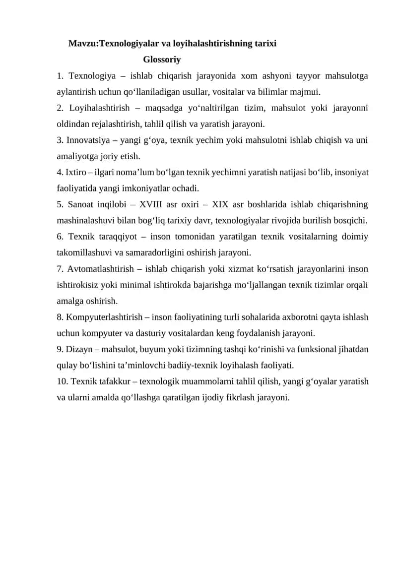 Texnologiyalar va loyihalashtirishning tarixi 1