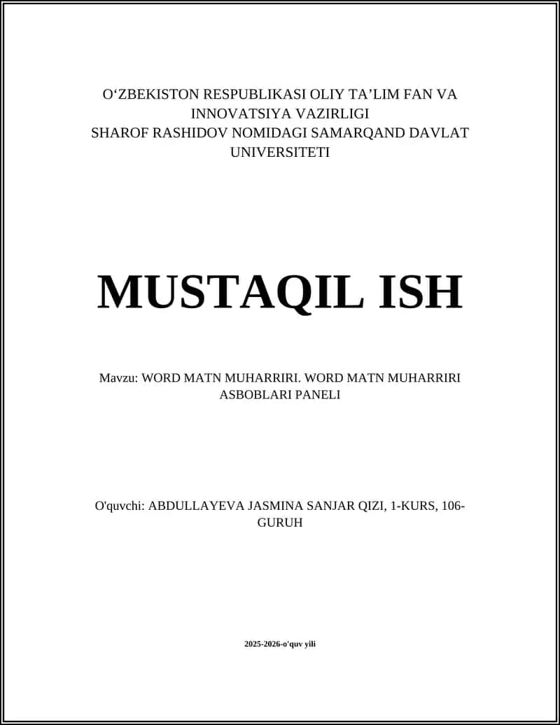 WORD MATN MUHARRIRI. WORD MATN MUHARRIRI ASBOBLARI PANELI 1