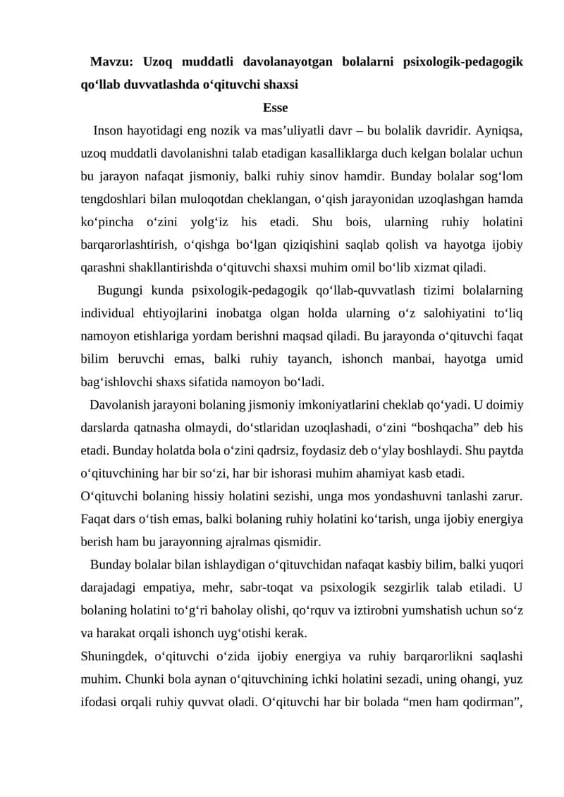 Uzoq muddatli davolanayotgan bolalarni psixologik-pedagogik qo‘llab duvvatlash 1