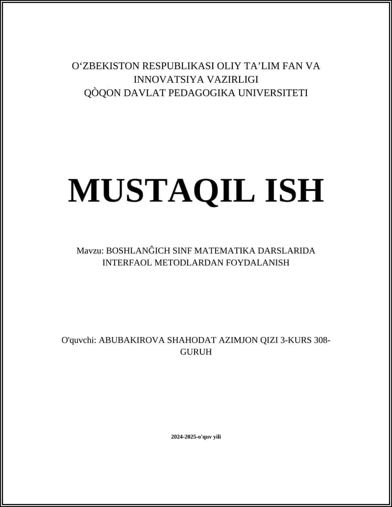 BOSHLANĜICH SINF MATEMATIKA DARSLARIDA INTERFAOL METODLARDAN FOYDALANISH 1
