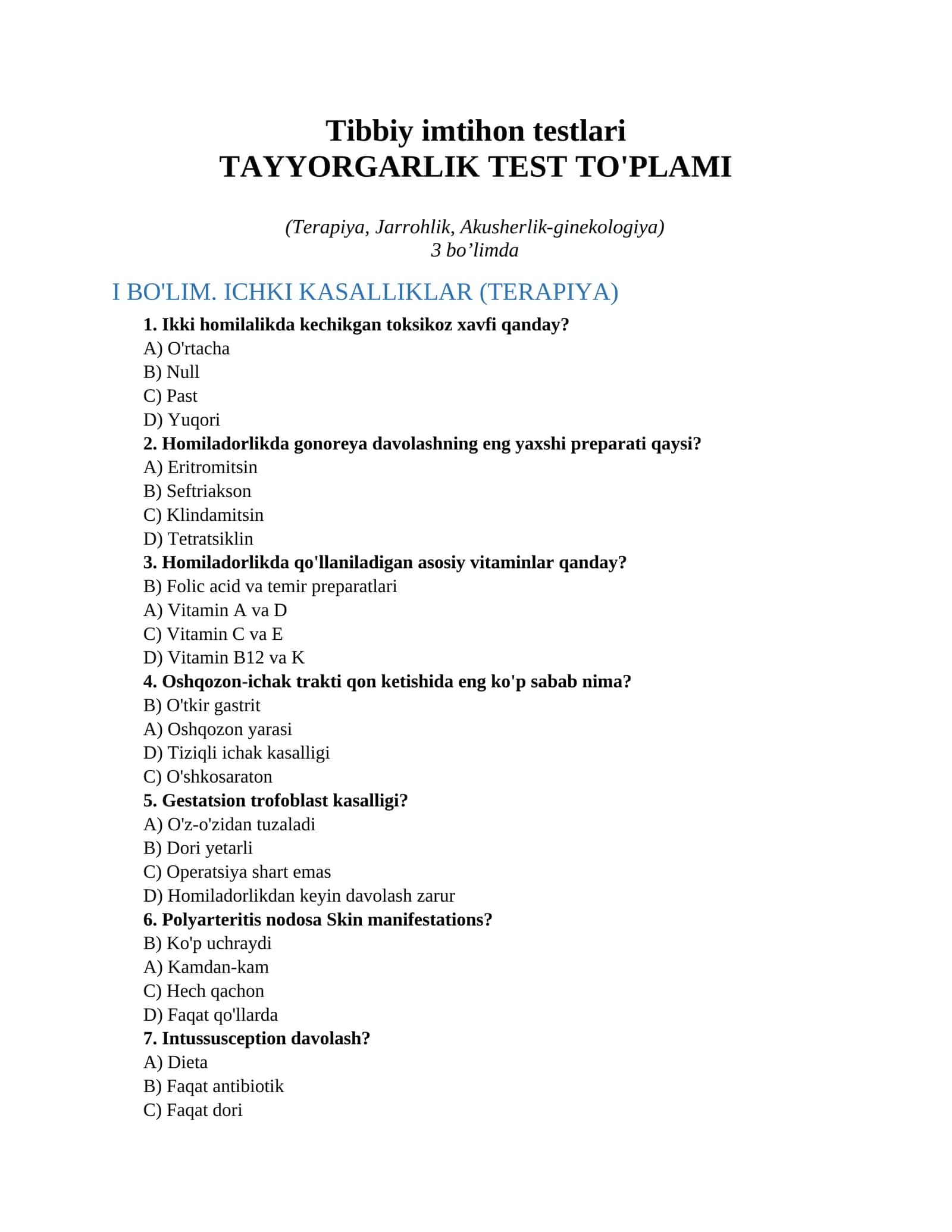 Tibbiy imtihon testlari 1