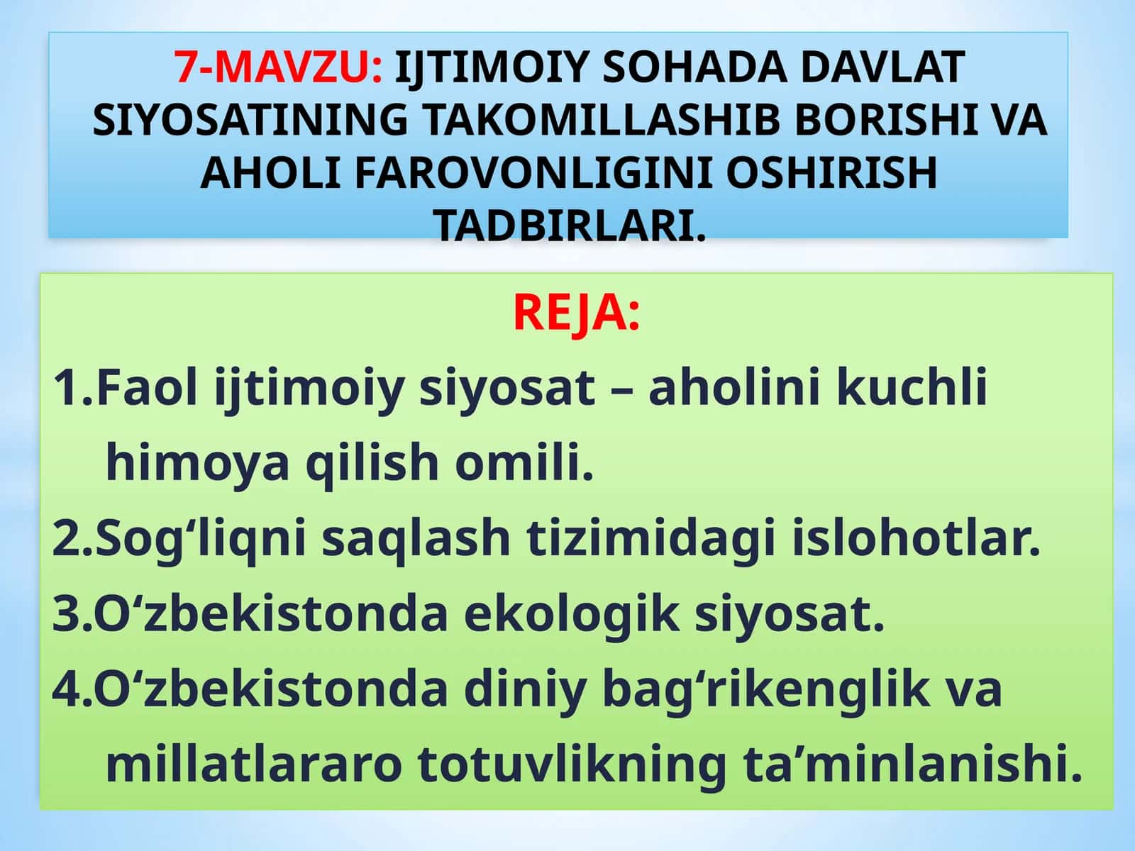IJTIMOIY SOHADA DAVLAT SIYOSATINING TAKOMILLASHIB BORISHI VA AHOLI FAROVONLIGINI OSHIRISH TADBIRLARI 1