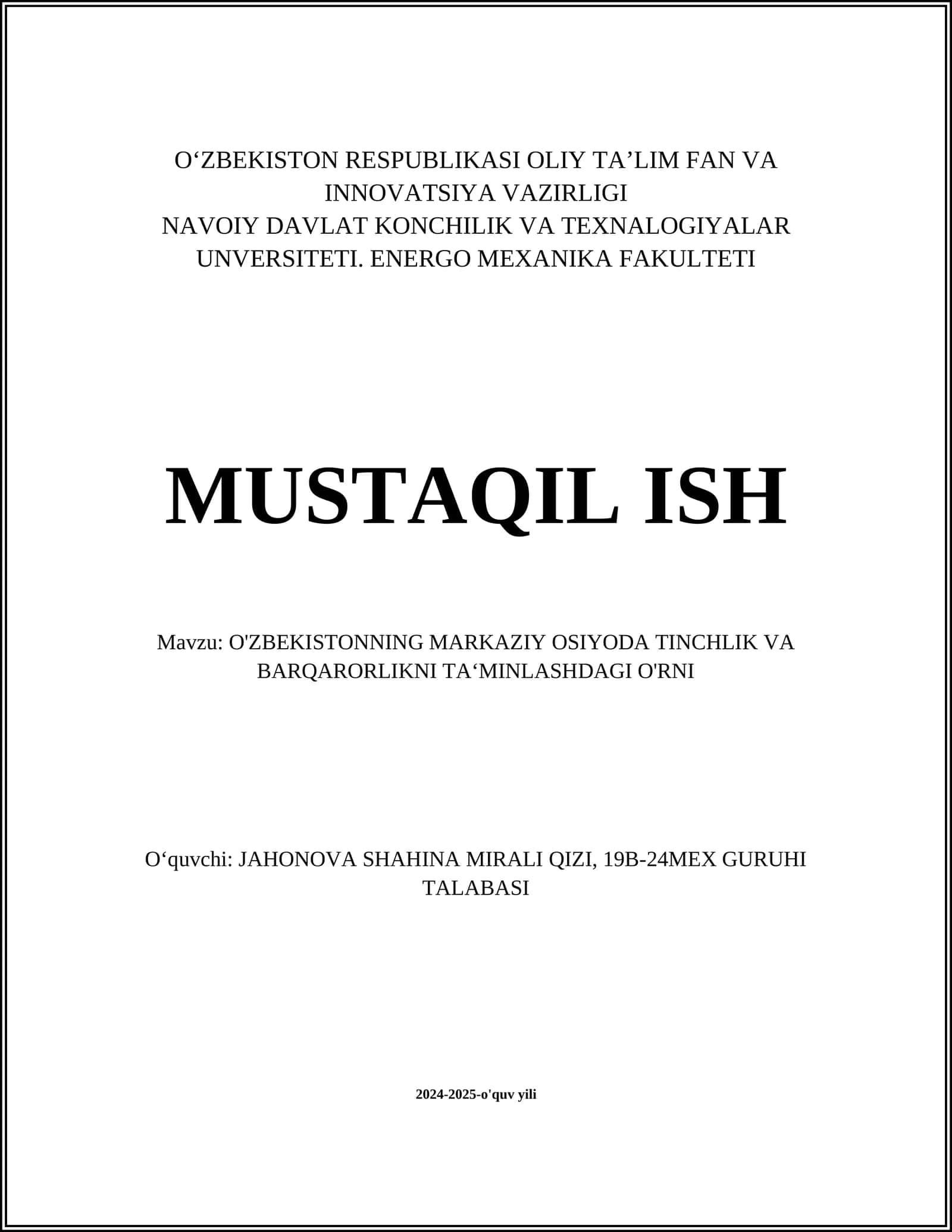 O'ZBEKISTONNING MARKAZIY OSIYODA TINCHLIK VA BARQARORLIKNI TA‘MINLASHDAGI O'RNI 1