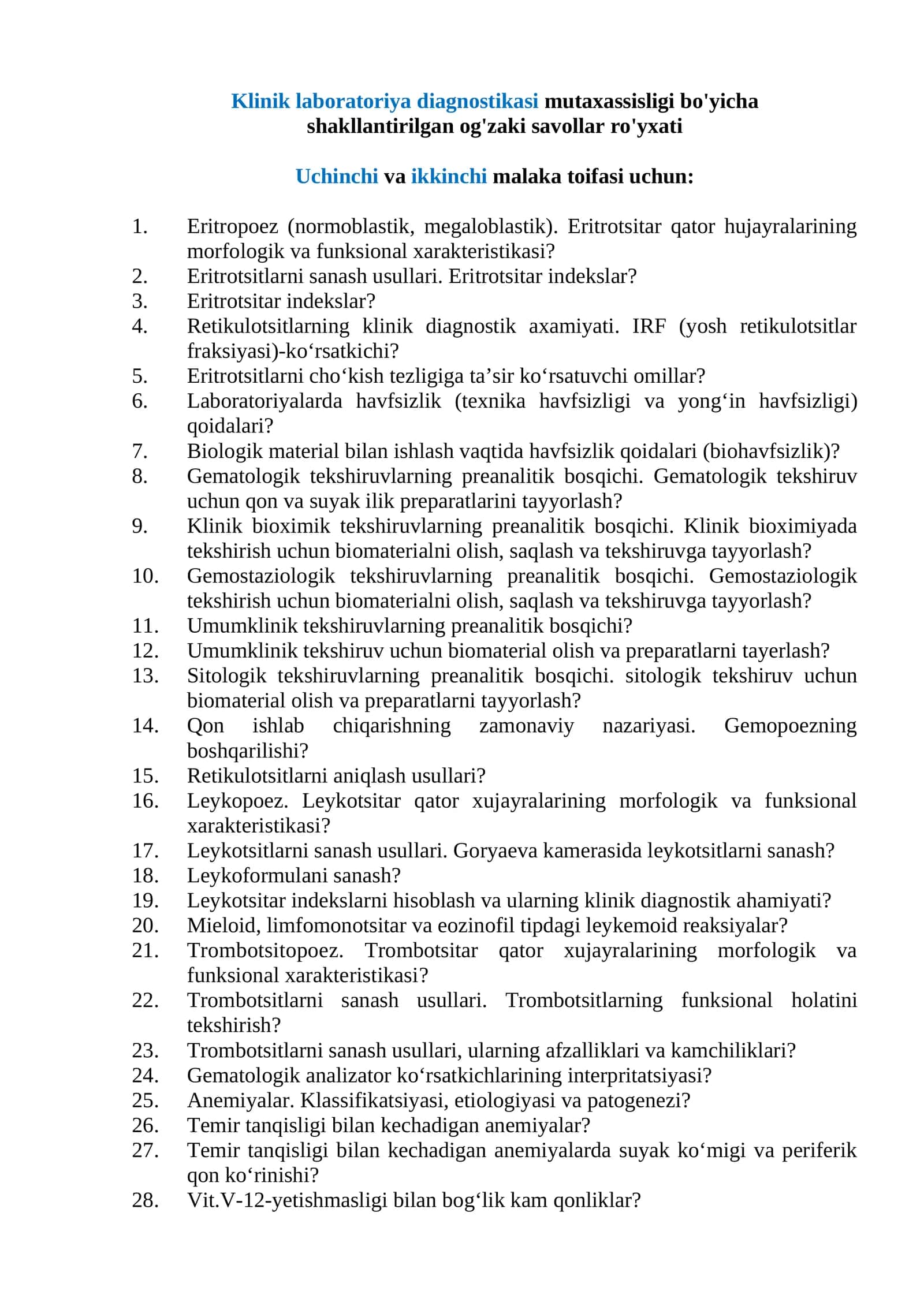 Klinik laboratoriya diagnostikasi mutaxassisligi bo'yicha shakllantirilgan og'zaki savollar ro'yxati 1