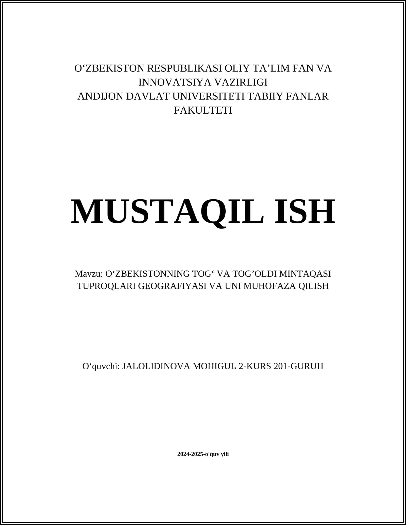 Oʻzbekistonning togʻ va togʼoldi mintaqasi tuproqlari geografiyasi va uni muhofaza qilish 1