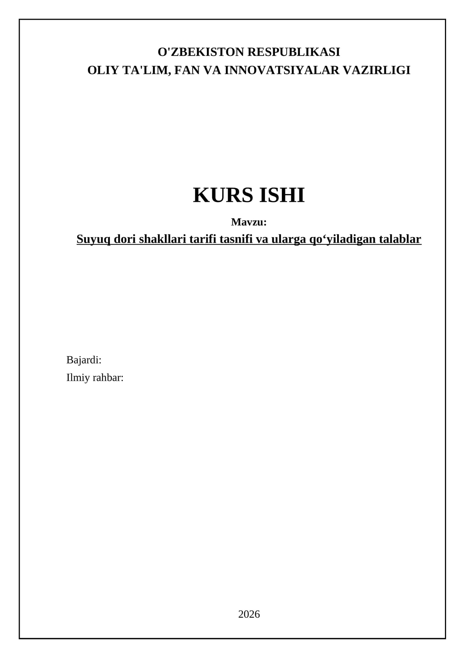 Suyuq Dori Shakllari Tarifi Tasnifi va Ularga qoʻyiladigan Talablar 1