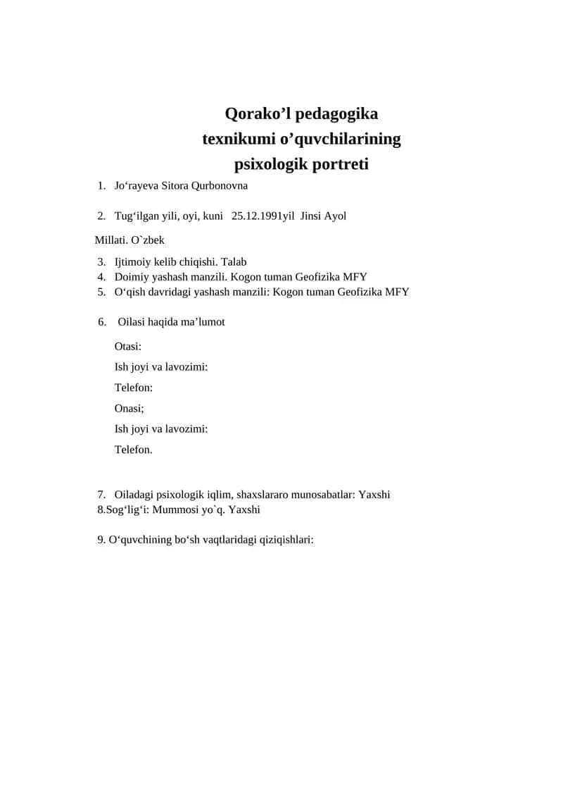 Qorako’l pedagogika texnikumi o’quvchilarining psixologik portreti 1