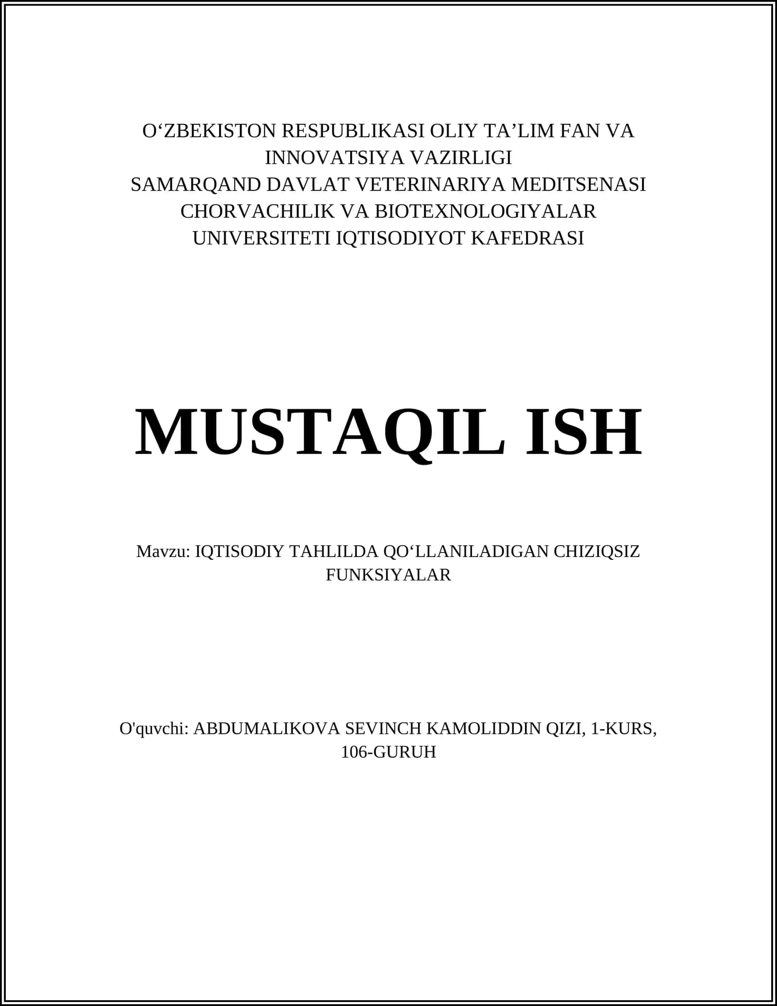 IQTISODIY TAHLILDA QOʻLLANILADIGAN CHIZIQSIZ FUNKSIYALAR 1