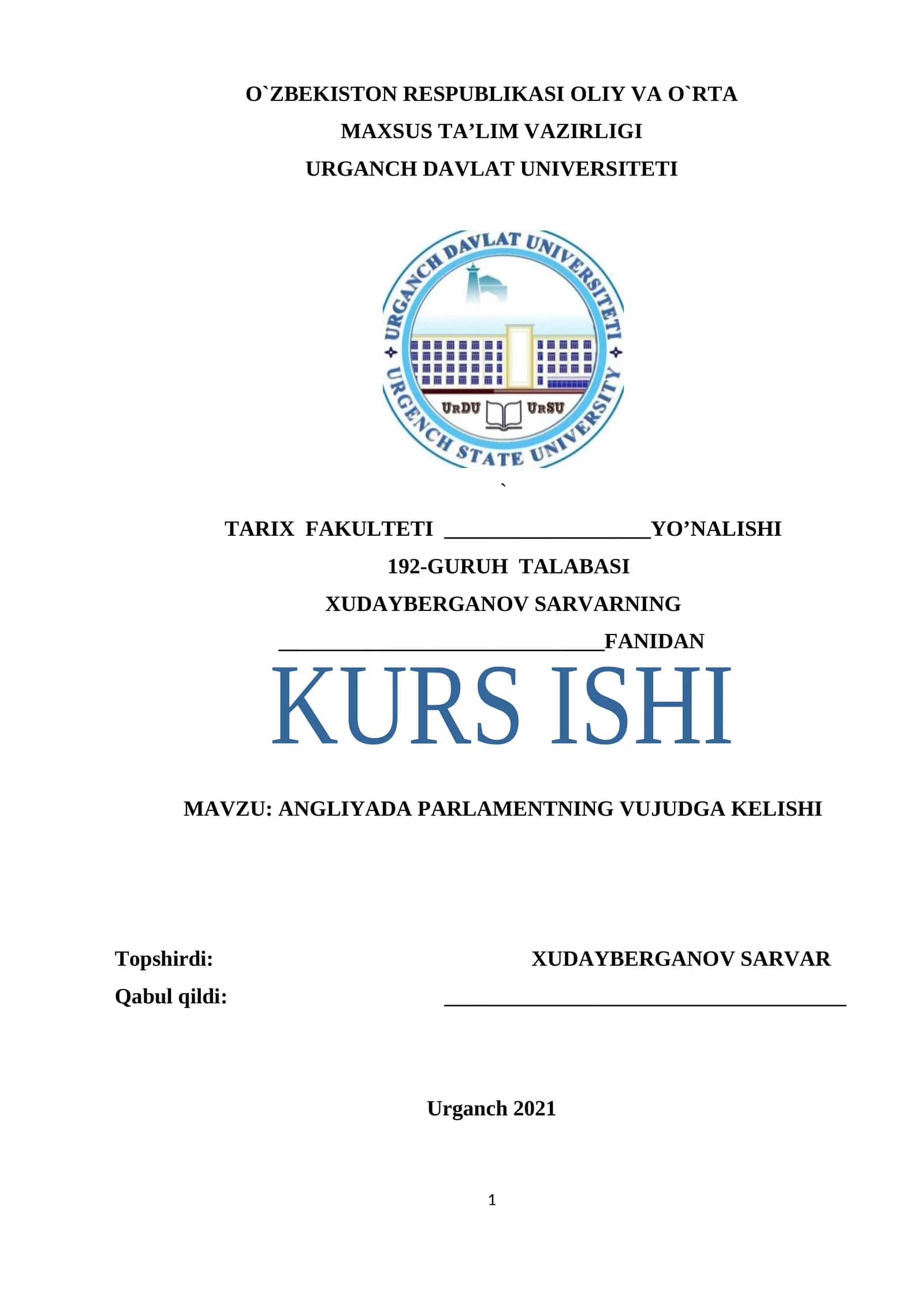 ANGLIYADA PARLAMENTNING VUJUDGA KELISHI 1