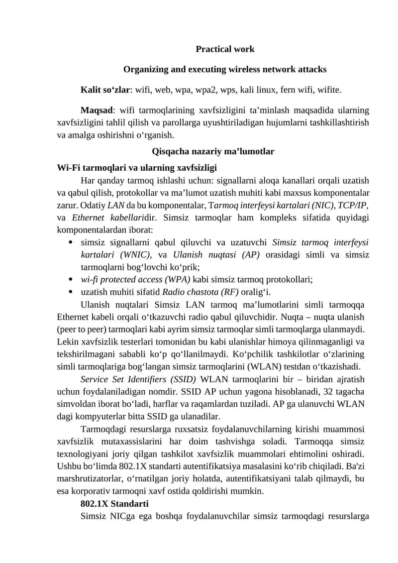 Practical work - Organizing and executing wireless network attacks 1