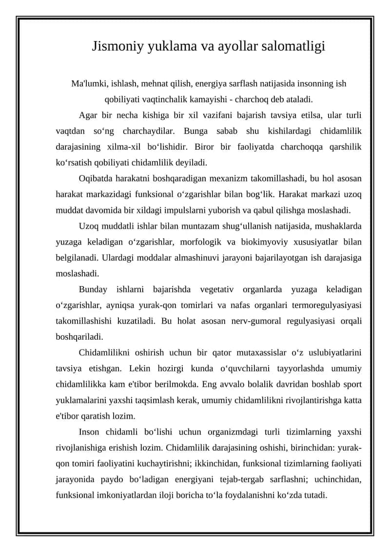 Jismoniy yuklama va ayollar salomatligi 1