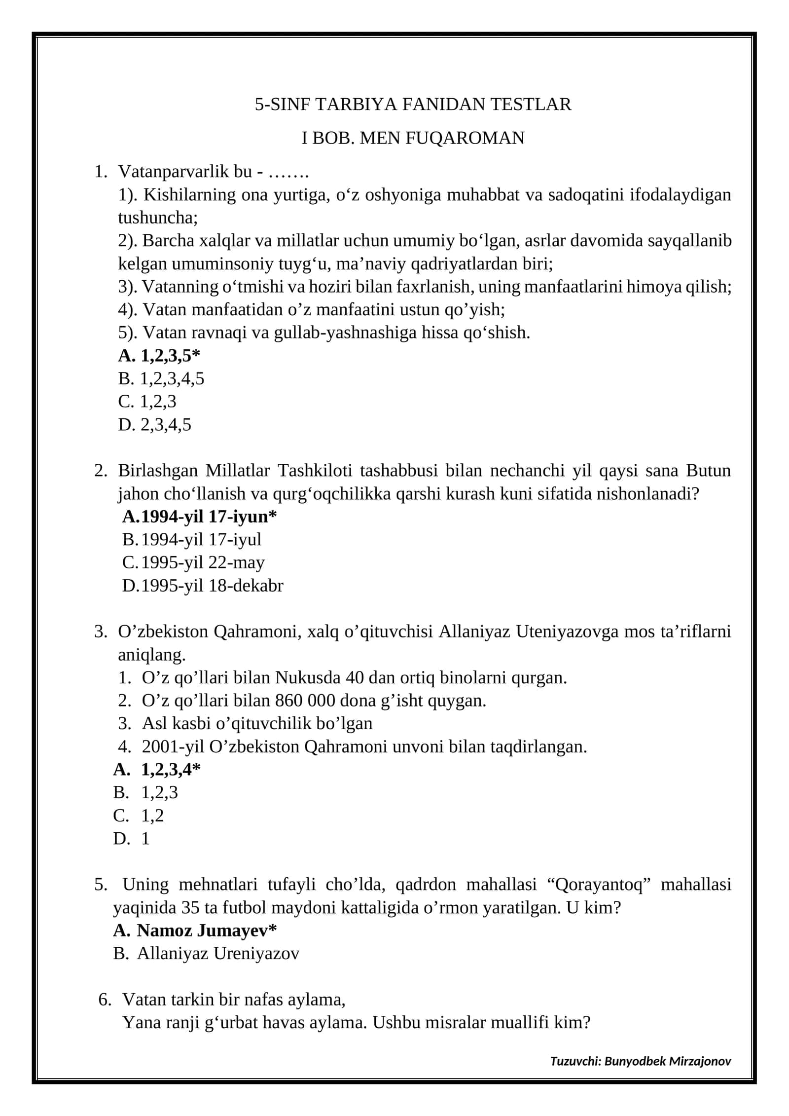 5-SINF TARBIYA FANIDAN TESTLAR 1