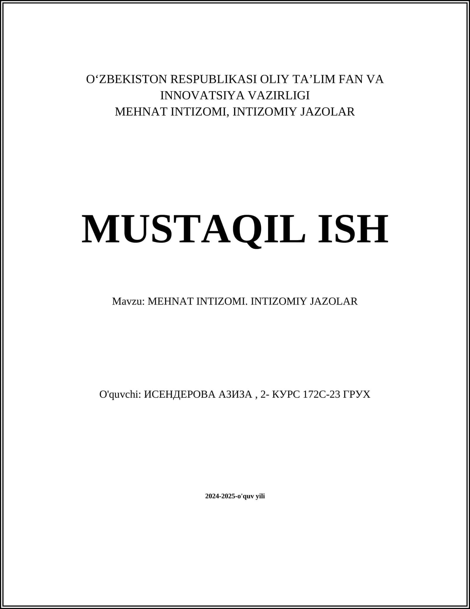 MEHNAT INTIZOMI. INTIZOMIY JAZOLAR 1