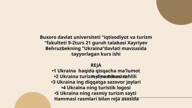 Xayriyev Behruzbekning “Ukraina”davlati mavzusida tayyorlagan kurs ishi 1
