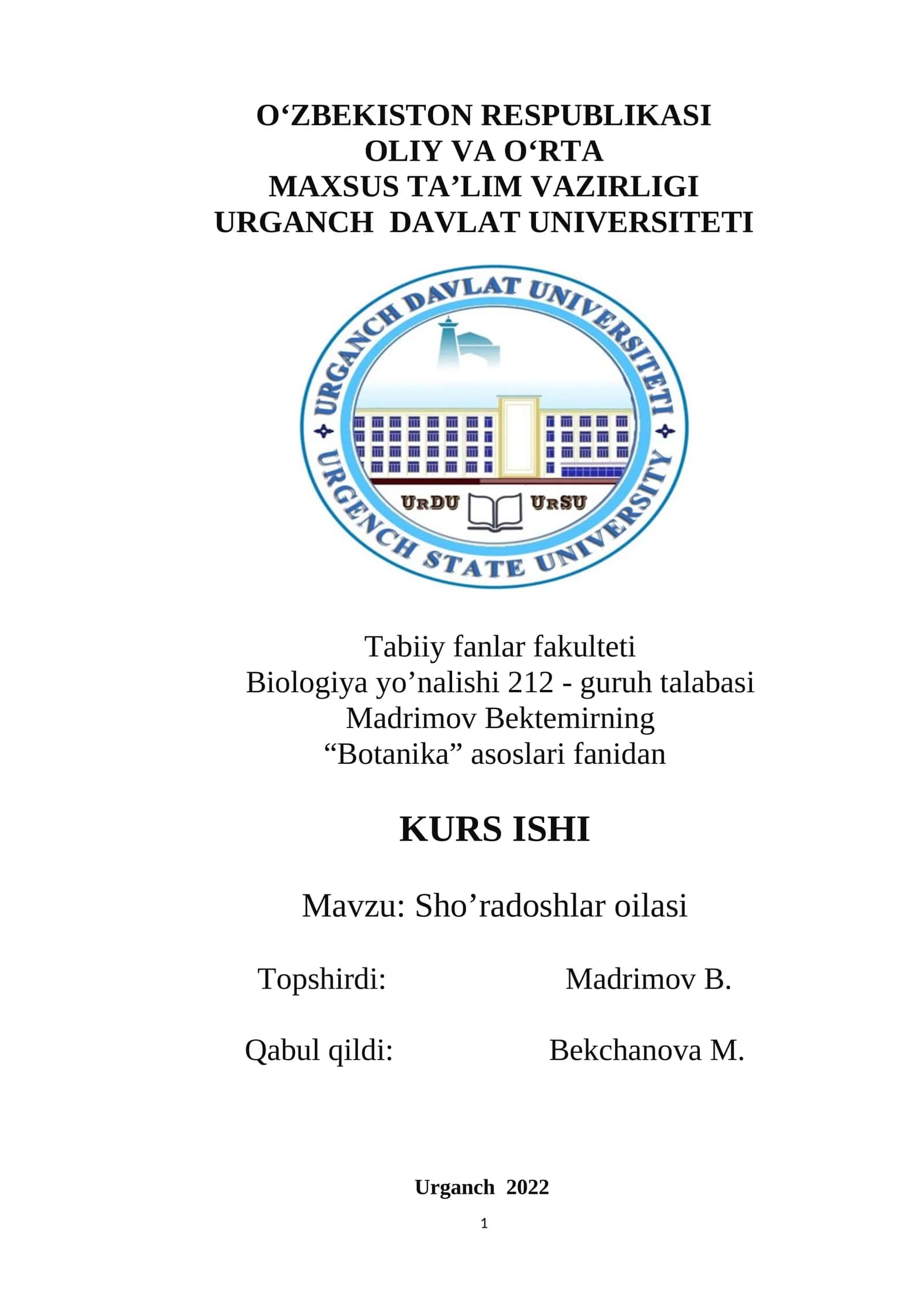 Sho’radoshlar oilasi KURS ISHI 1