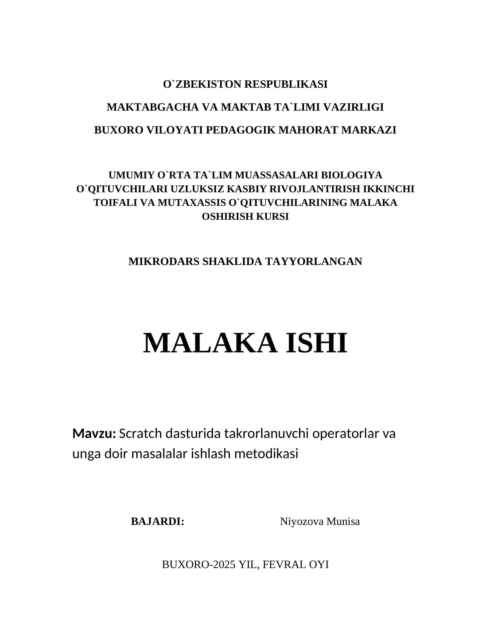 Scratch dasturida takrorlanuvchi operatorlar va unga doir masalalar ishlash metodikasi 1
