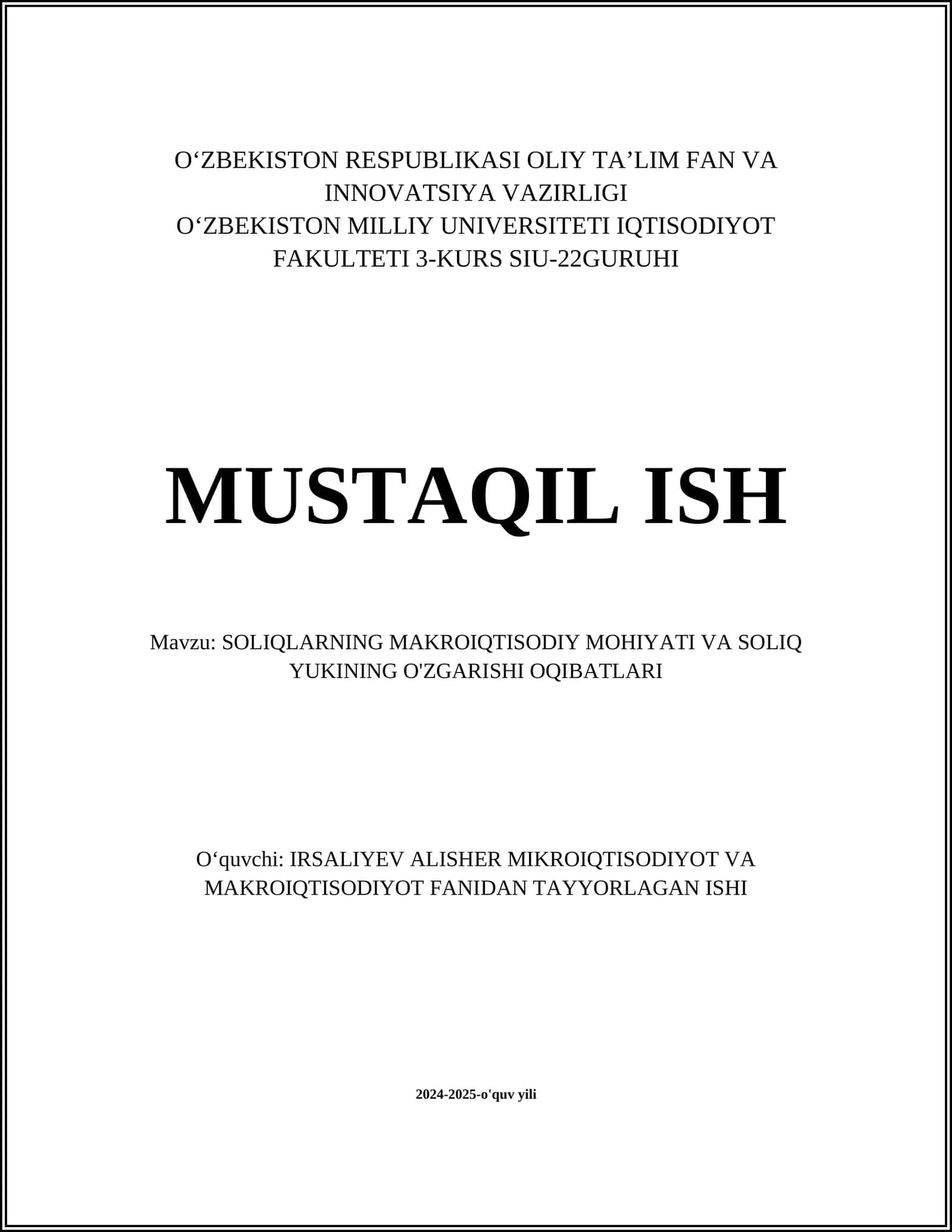 SOLIQLARNING MAKROIQTISODIY MOHIYATI VA SOLIQ YUKINING O'ZGARISHI OQIBATLARI 1