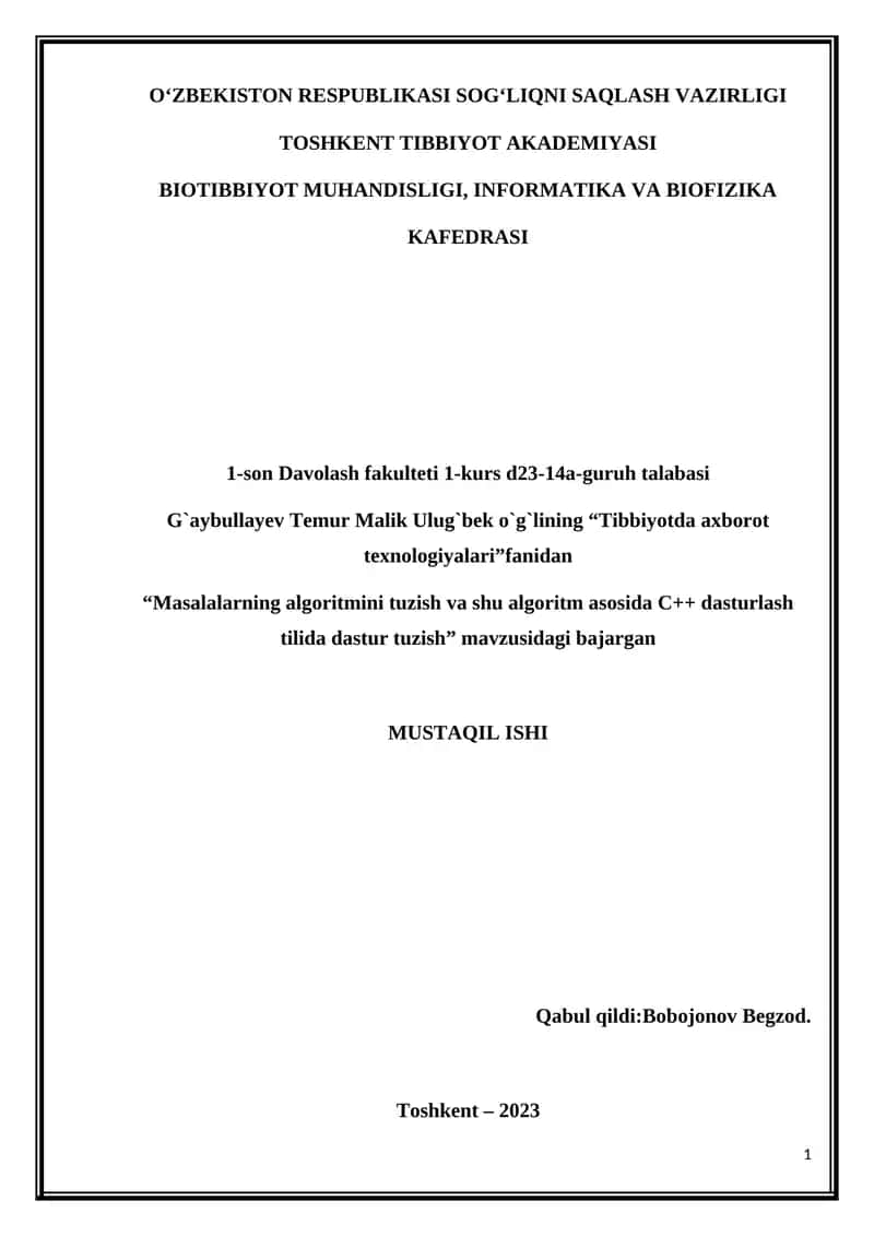 "Masalalarning algoritmini tuzish va shu algoritm asosida C++ dasturlash tilida dastur tuzish" 1