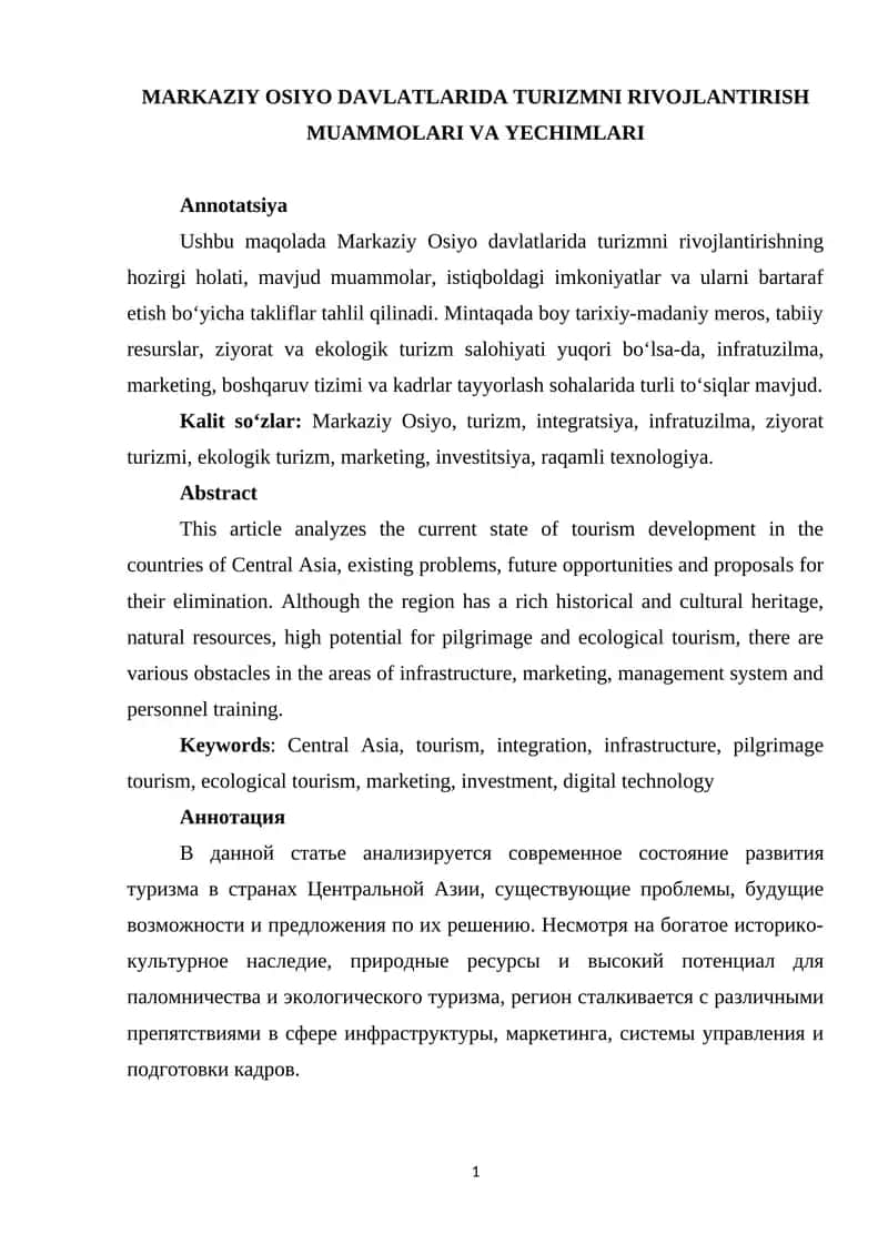 MаRKАZIY ОSIYО DАVLАTLАRIDА TURIZMNI RIVОJLАNTIRISH MUАMMОLАRI VА YЕСHIMLАRI 1
