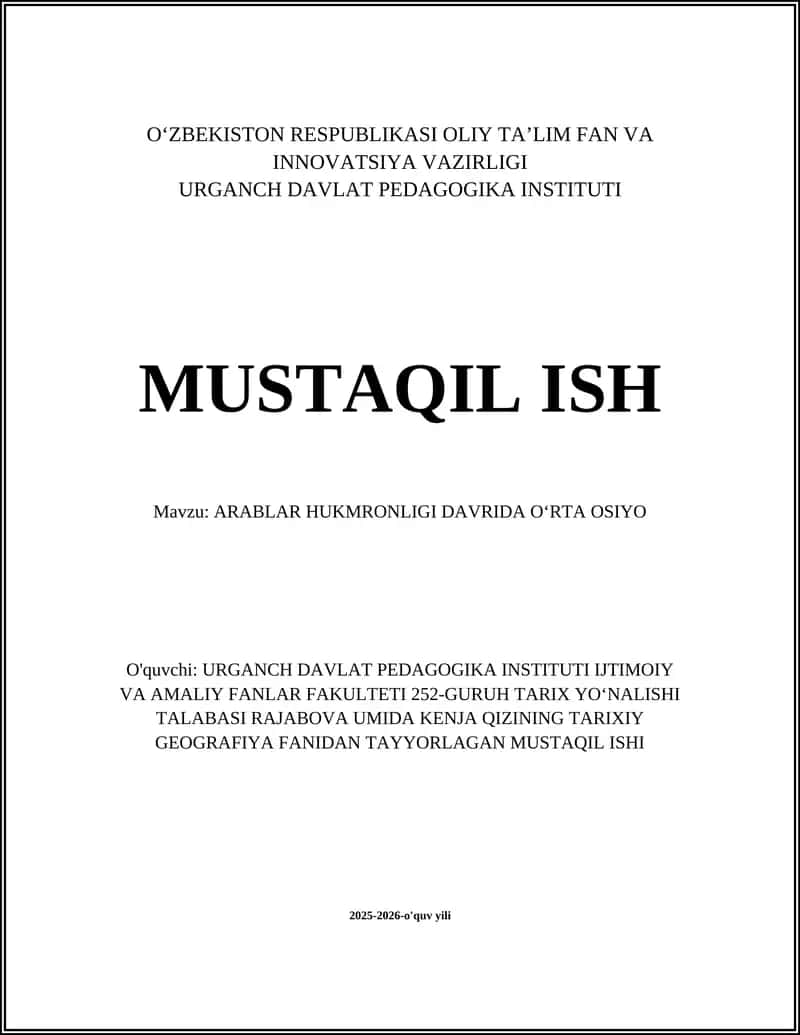 ARABLAR HUKMRONLIGI DAVRIDA OʻRTA OSIYO 1