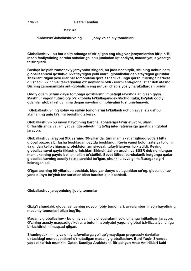 Globallashuvning ijobiy va salbiy tomonlari ma'ruzası 1
