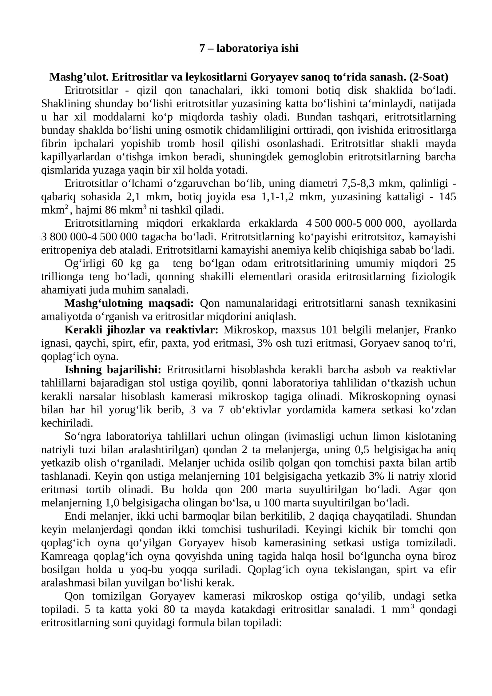 Eritrositlar va leykositlarni Goryayev sanoq toʻrida sanash 1
