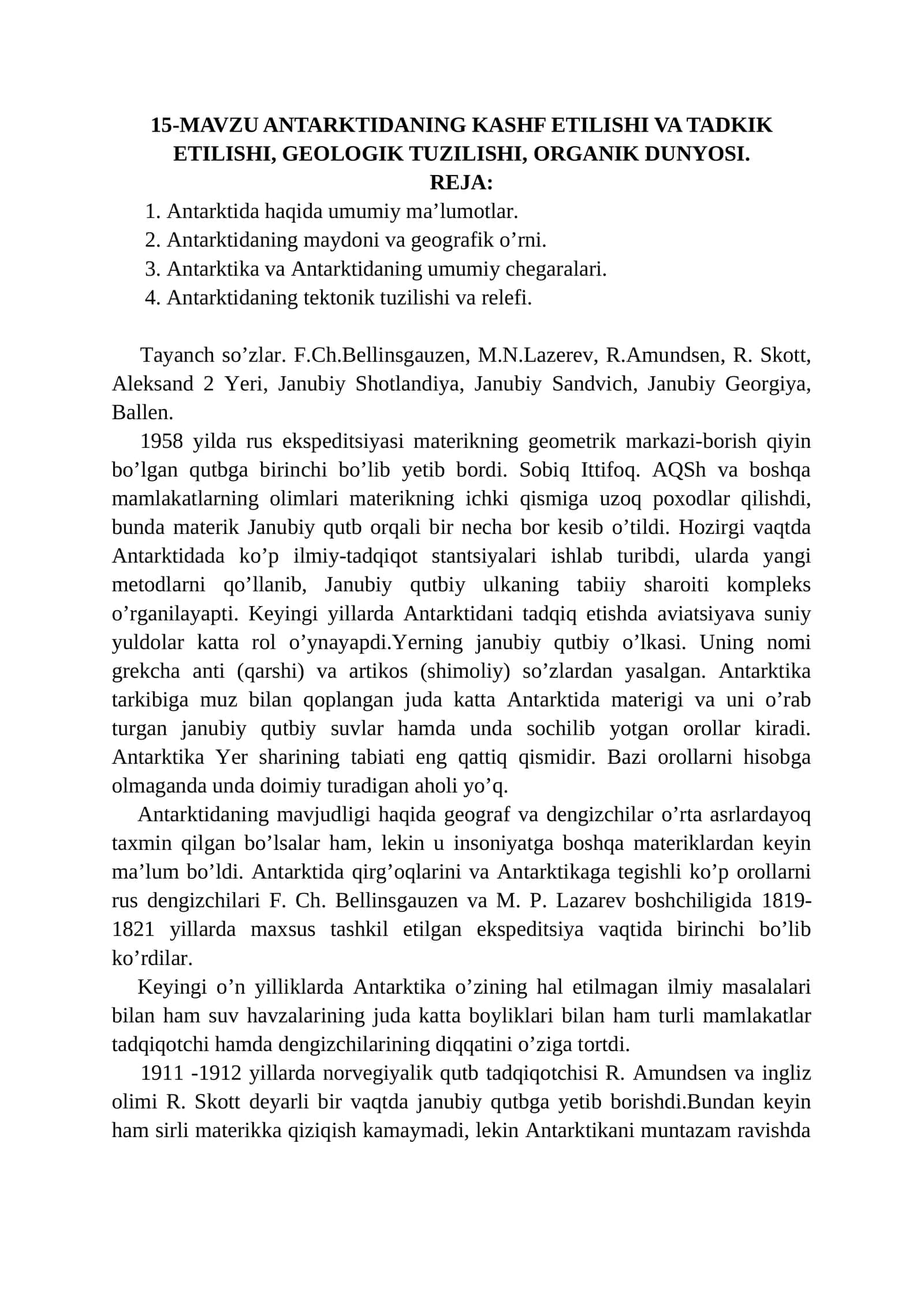MAVZU ANTARKTIDANING KASHF ETILISHI VA TADKIK ETILISHI, GEOLOGIK TUZILISHI, ORGANIK DUNYOSI 1