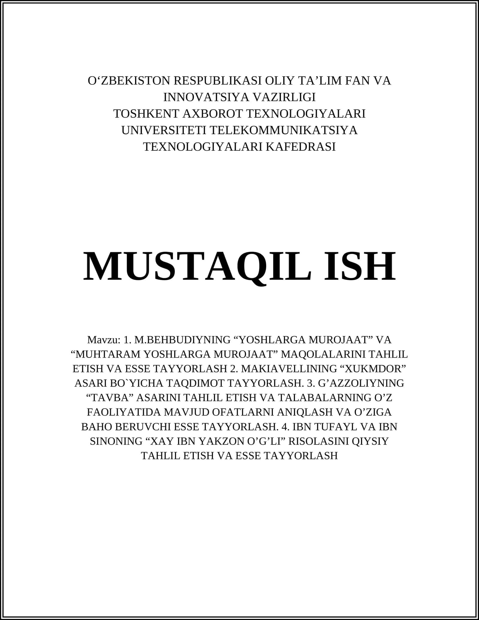 M.BEHBUDIYNING “YOSHLARGA MUROJAAT” VA “MUHTARAM YOSHLARGA MUROJAAT” MAQOLALARINI TAHLIL ETISH VA ESSE TAYYORLASH 1