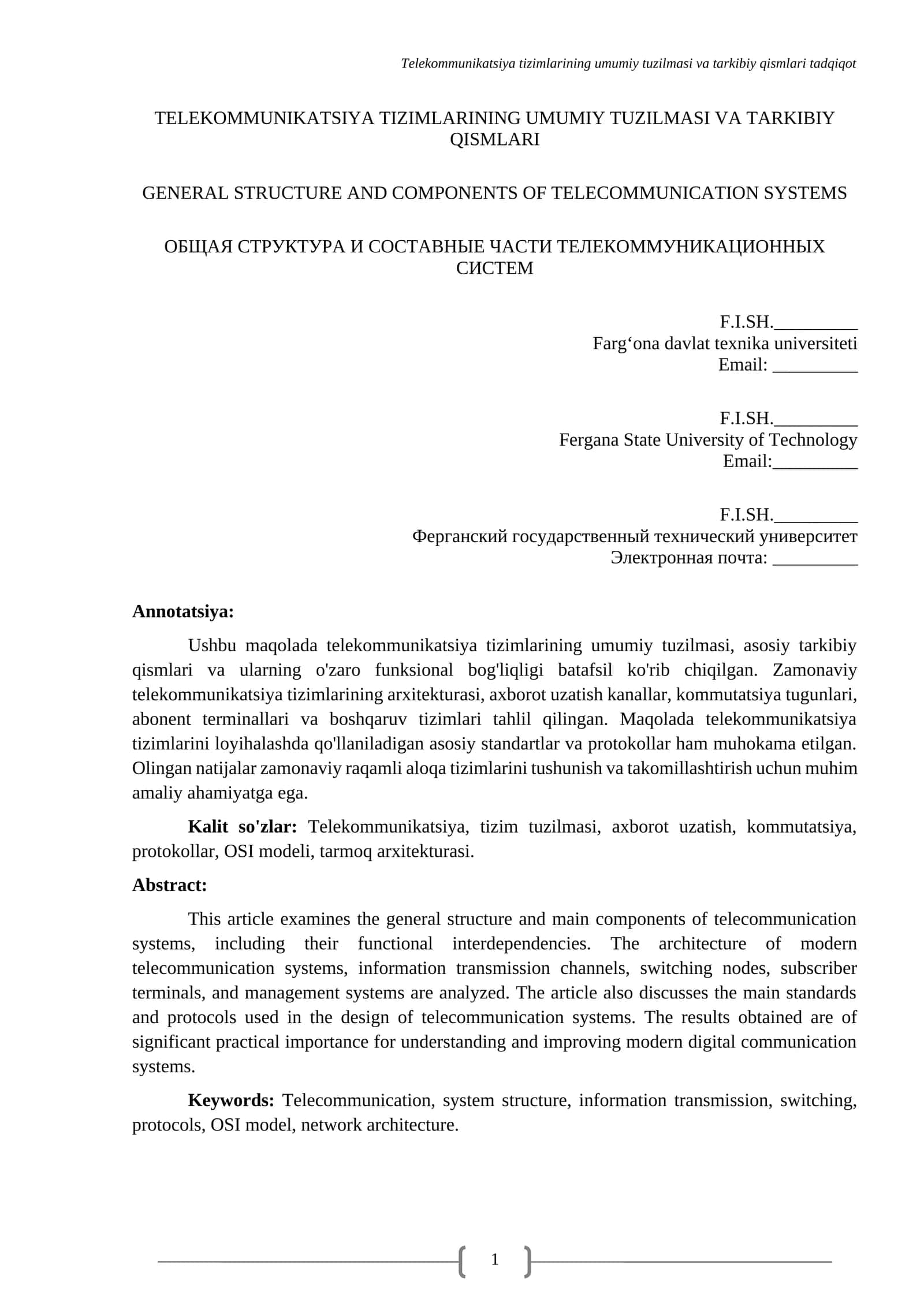 Telekommunikatsiya tizimlarining umumiy tuzilmasi va tarkibiy qismlari 1