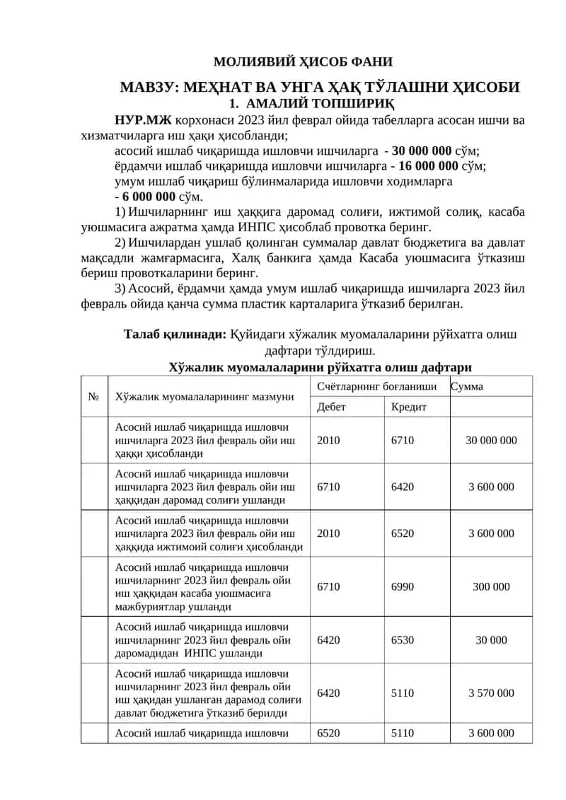 МОЛИЯВИЙ ҲИСОБ ФАНИ 1