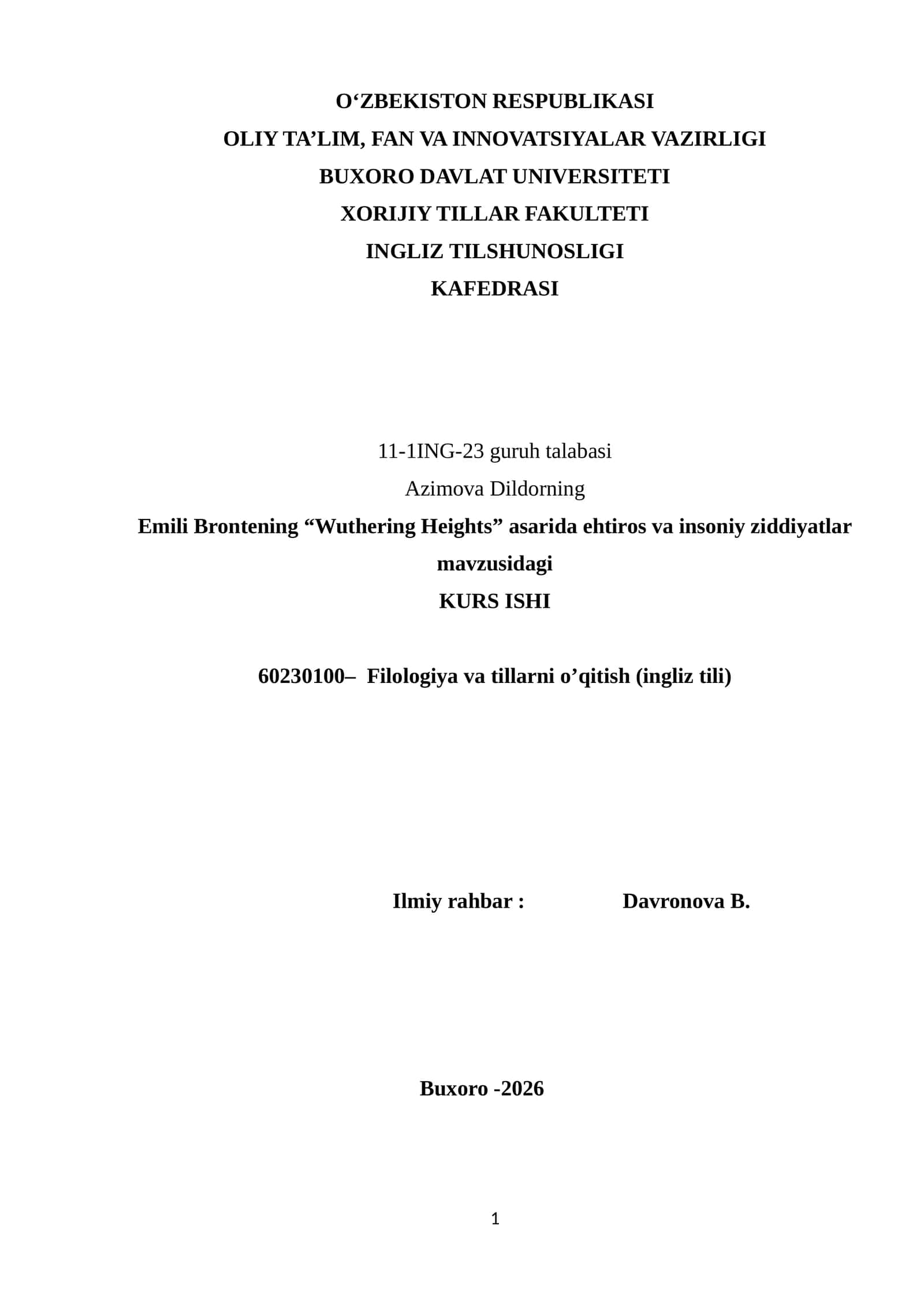Emili Brontening “Wuthering Heights” asarida ehtiros va insoniy ziddiyatlar mavzusidagi KURS ISHI 1