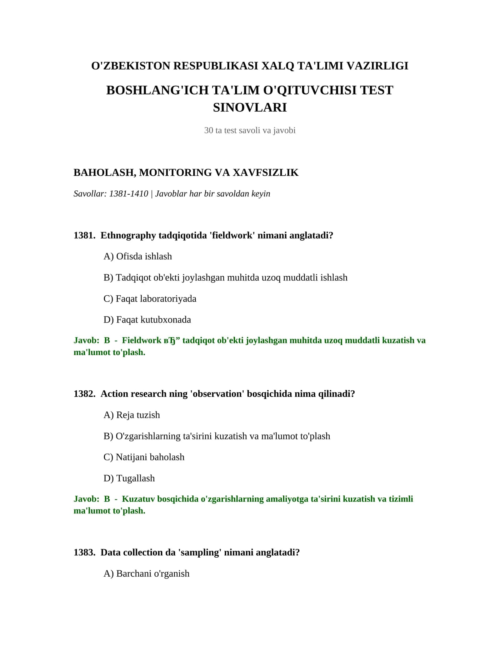 BOSHLANG'ICH TA'LIM O'QITUVCHISI TEST SINOVLARI 1