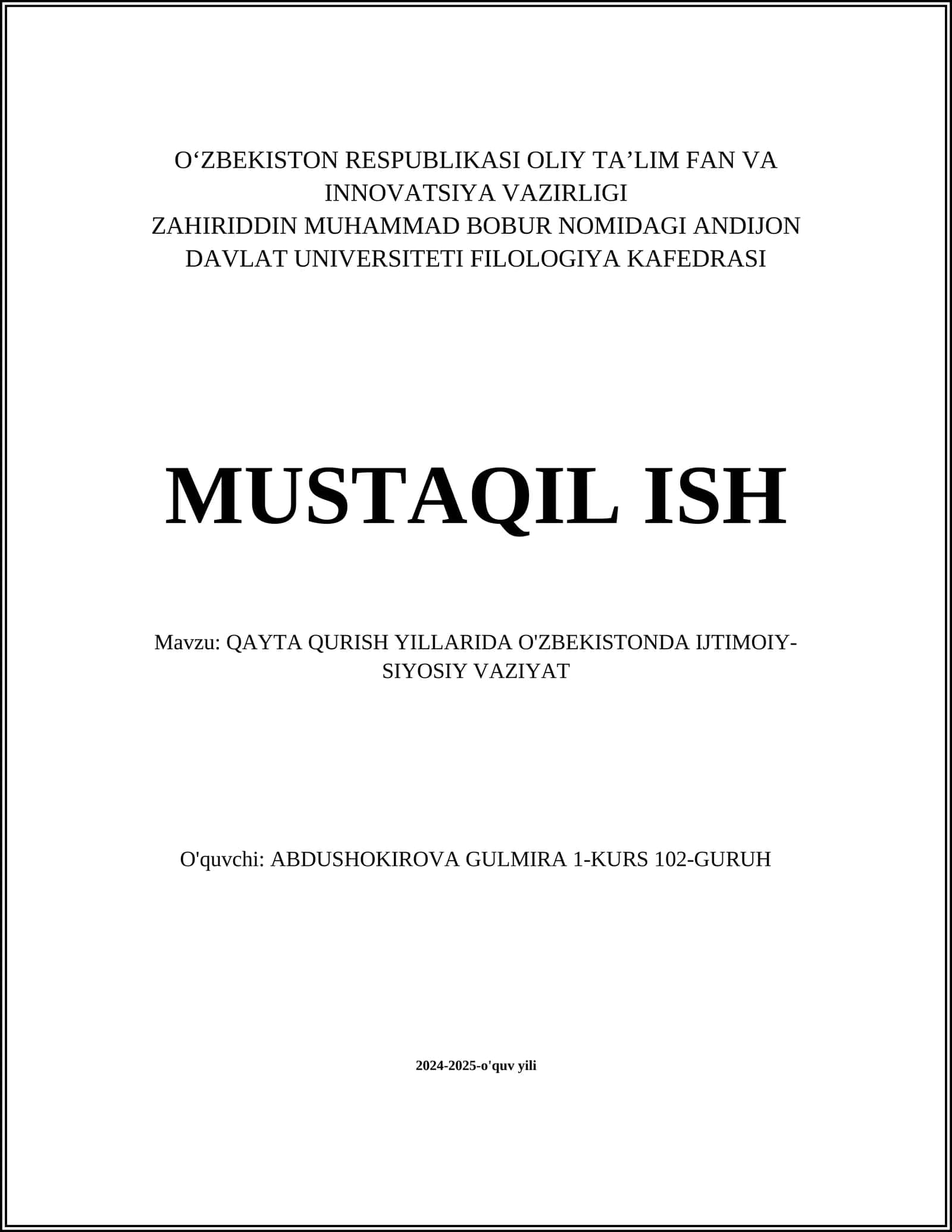 QAYTA QURISH YILLARIDA O'ZBEKISTONDA IJTIMOIY-SIYOSIY VAZIYAT 1