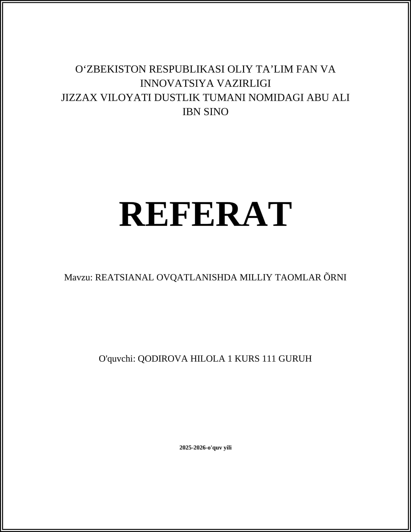 REFERAT: REATSIONAL OVQATLANISHDA MILLIY TAOMLAR ÕRNI 1