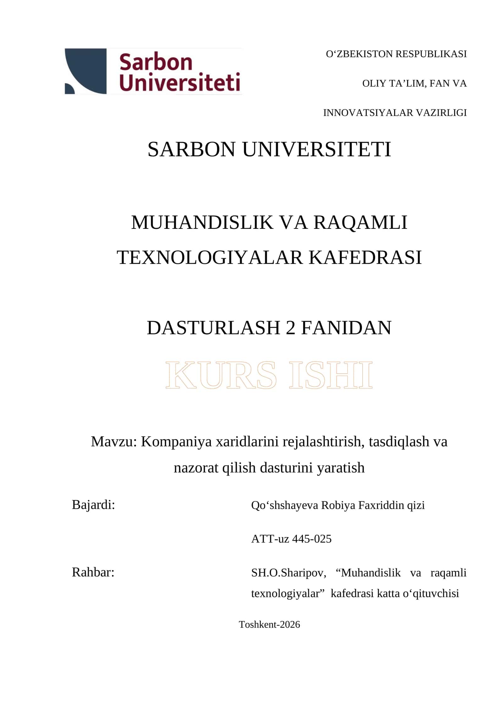 Kompaniya xaridlarini rejalashtirish, tasdiqlash va nazorat qilish dasturini yaratish 1