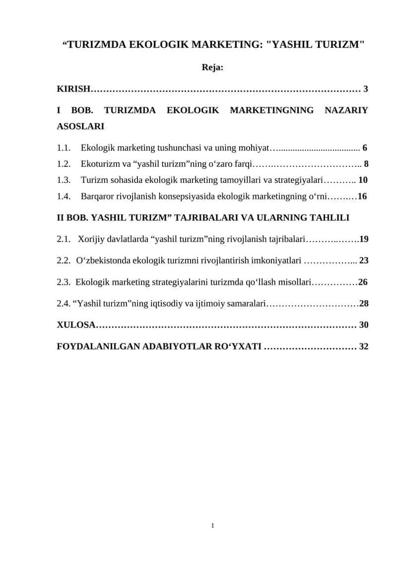“TURIZMDA EKOLOGIK MARKETING: "YASHIL TURIZM" 1