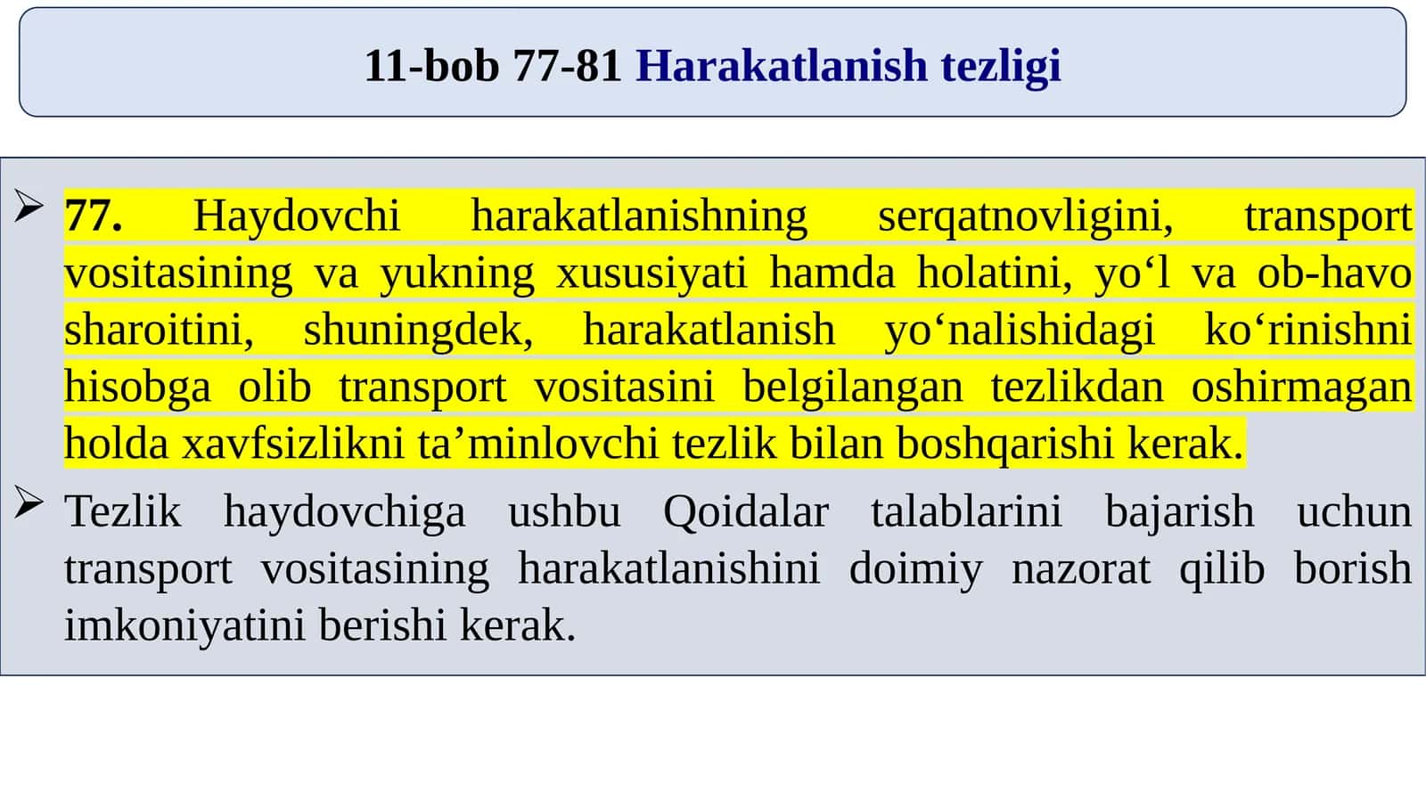 Haydovchi Harakatlanish Qoidalari 1