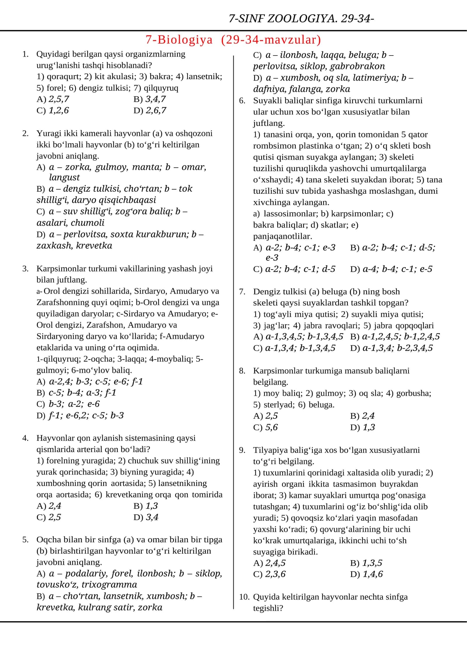 7-SINF ZOOLOGIYA. 29-34-MAVZULAR 1