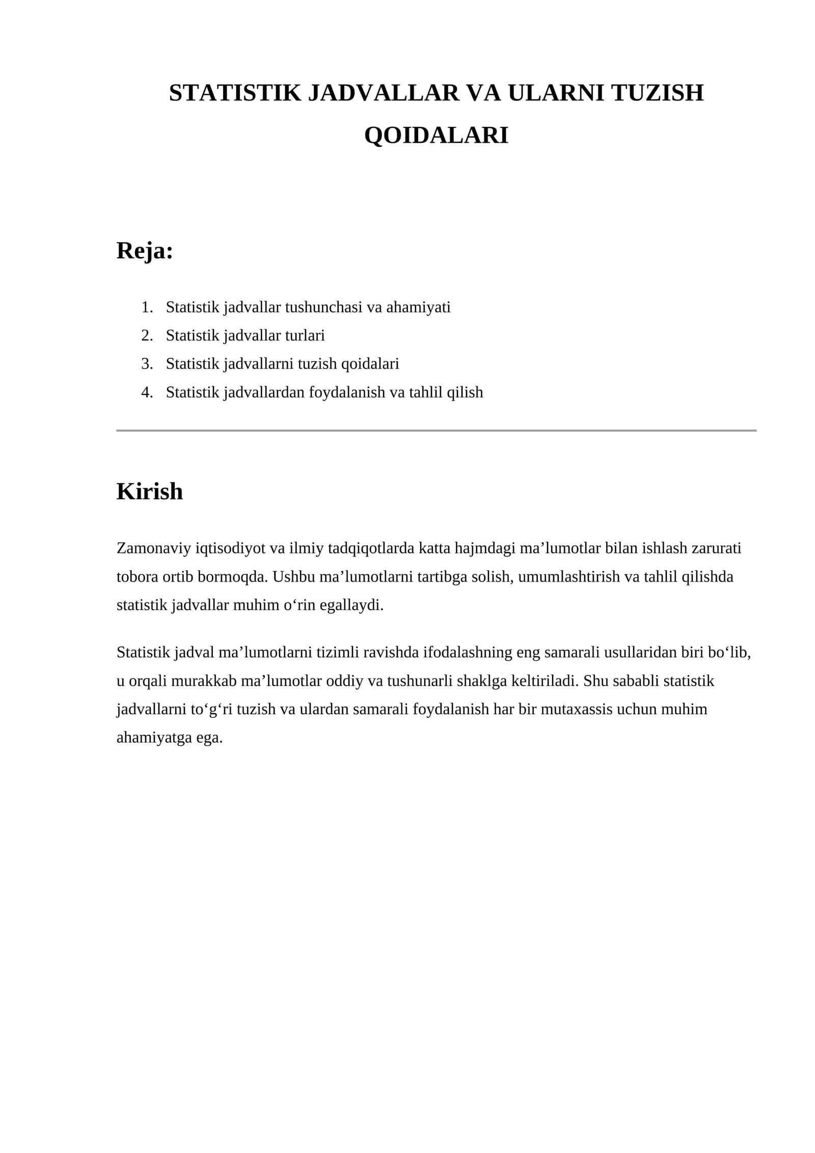 Statistik jadvallar va ularni tuzish qoidalari – tayyor referat ( jadvallar bilan) 1