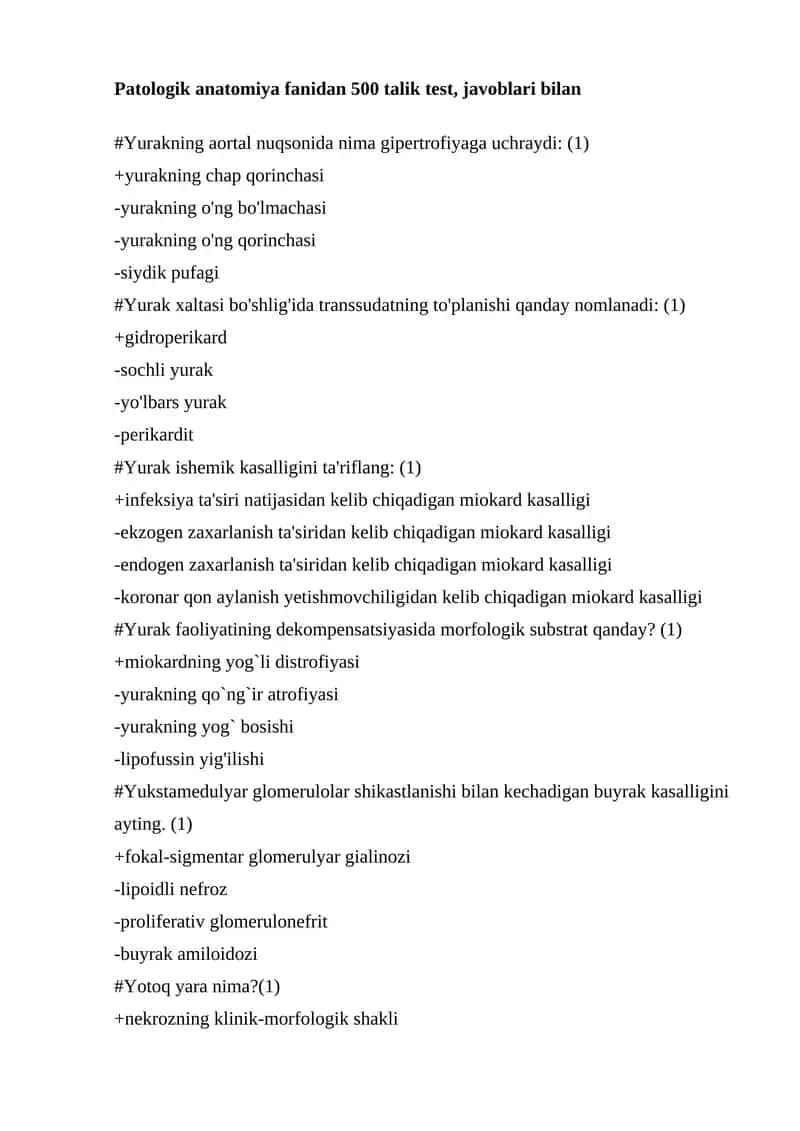 Patologik anatomiya fanidan 500 talik test, javoblari bilan 1