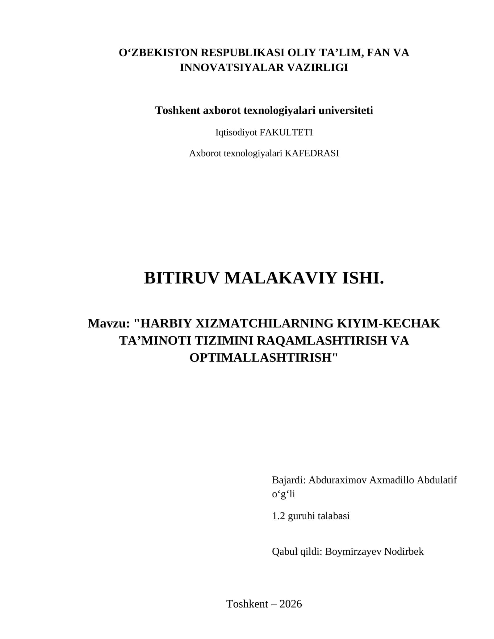 Harbiy xizmatchilarning kiyim-kechak taʼminoti tizimini raqamlashtirish va optimallashtirish 1